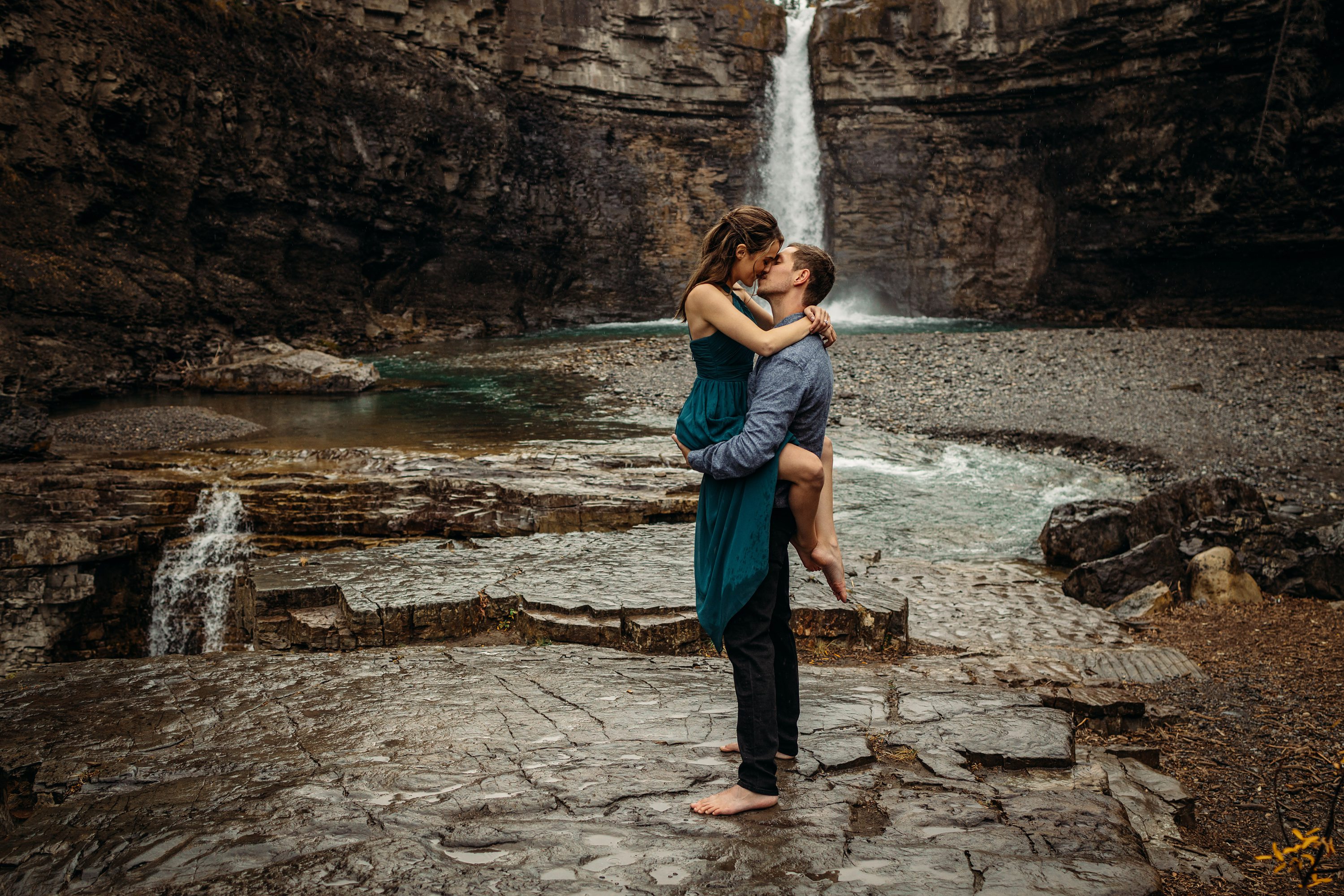  couple waterfall photos, calgary engagement photos