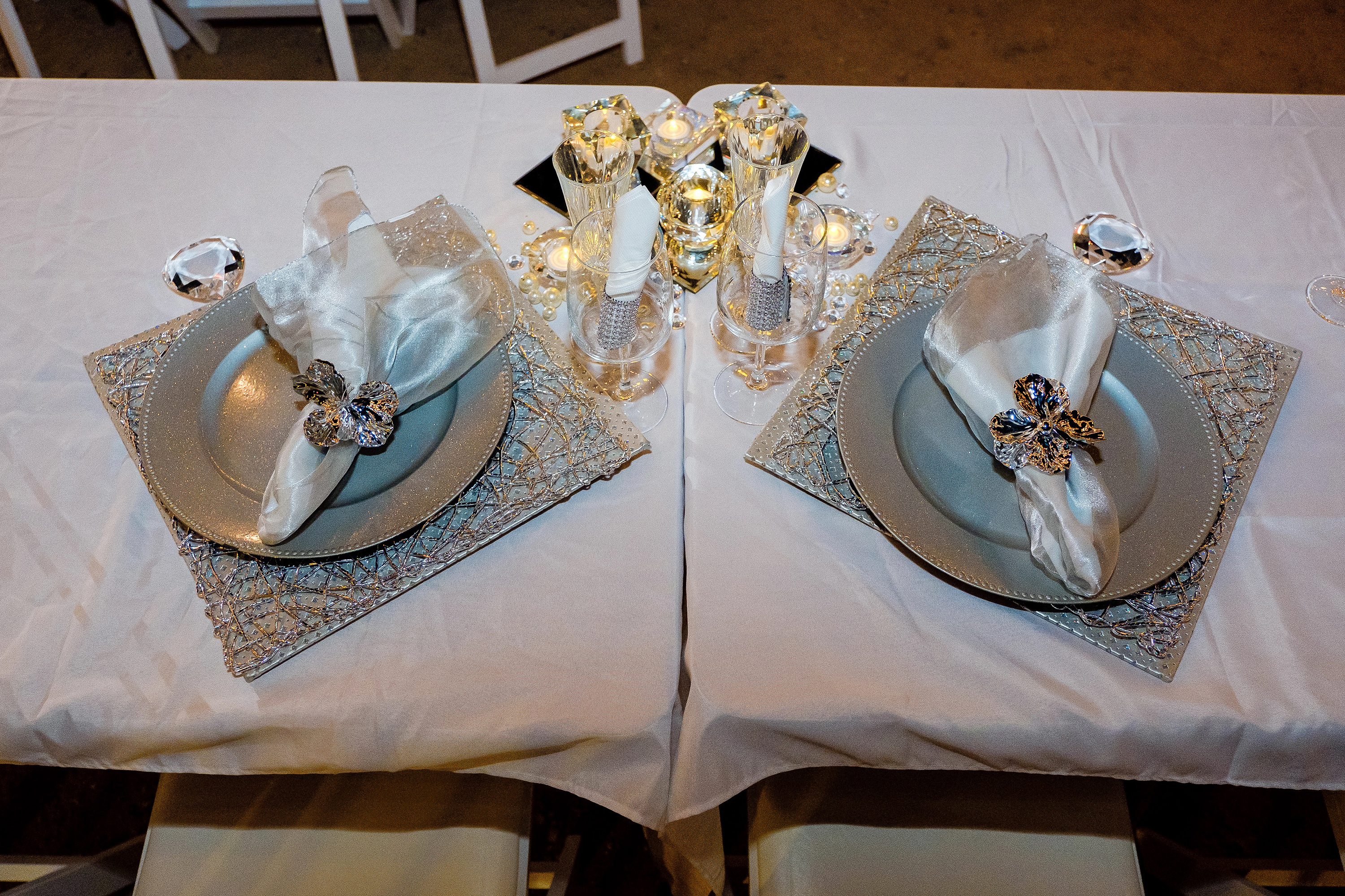 Head table detaiils at a backyard wedding reception in Phoenix