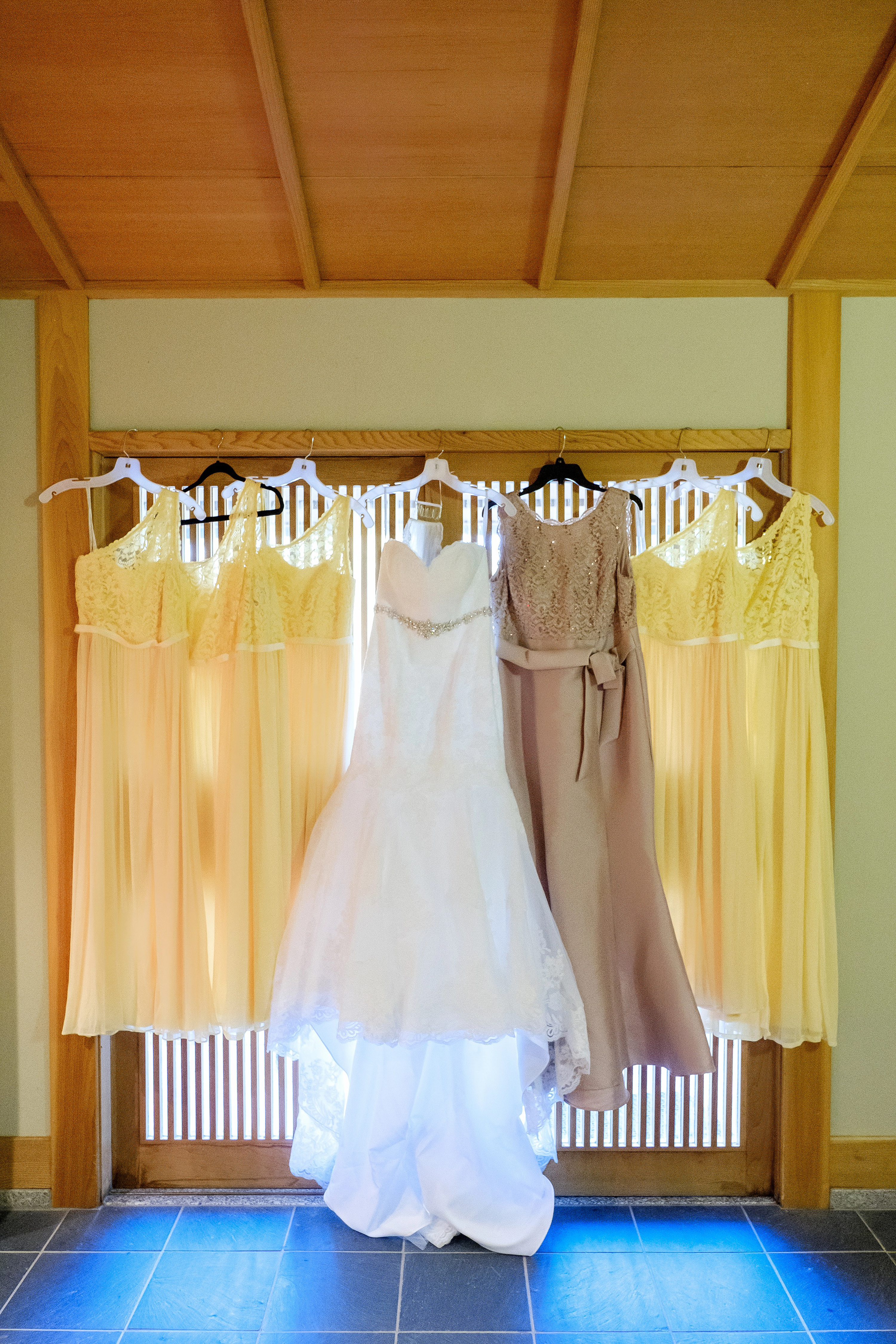 japanese friendship garden wedding phoenix,japanese garden wedding venue,Bride and bridesmaids dresses hanging up