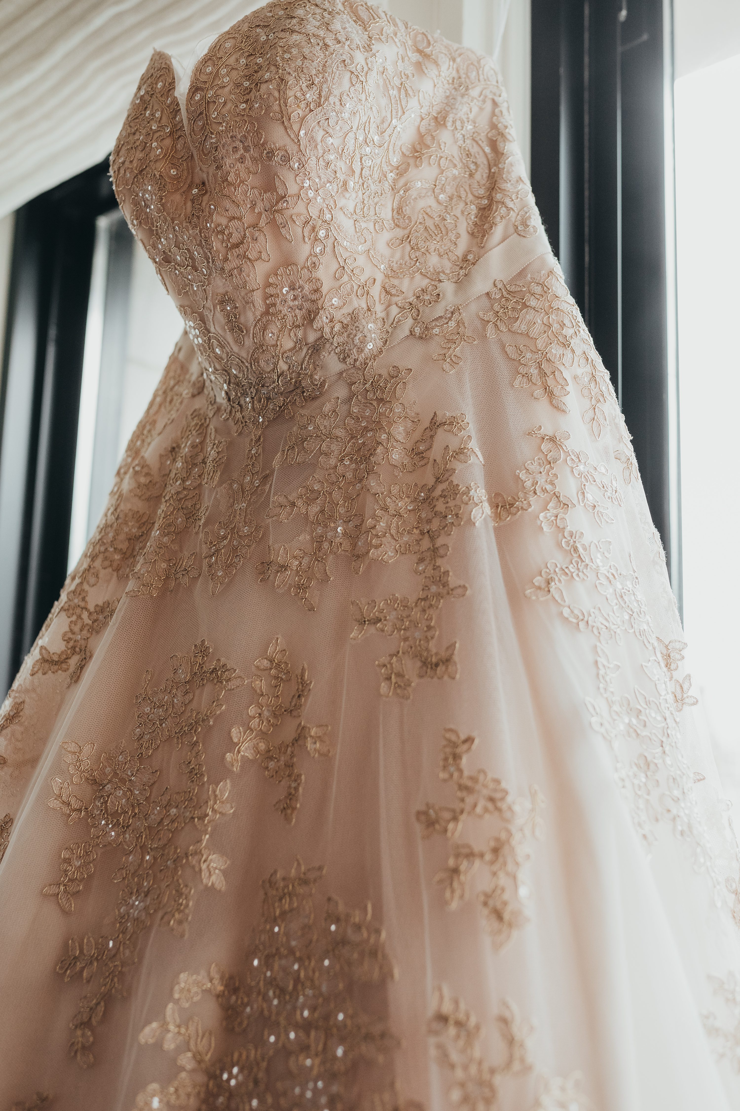2020 covid wedding,pandemic wedding,oleg cassini,rose gold dress with embroidery