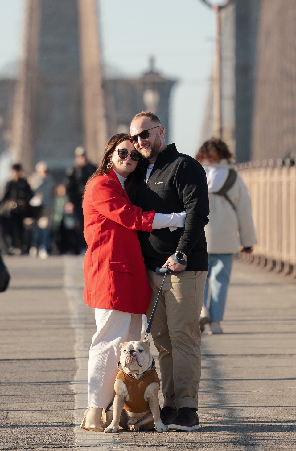 new york city,dancers,brooklyn bridge,couple,couple photography,engagement photographer,english bulldog