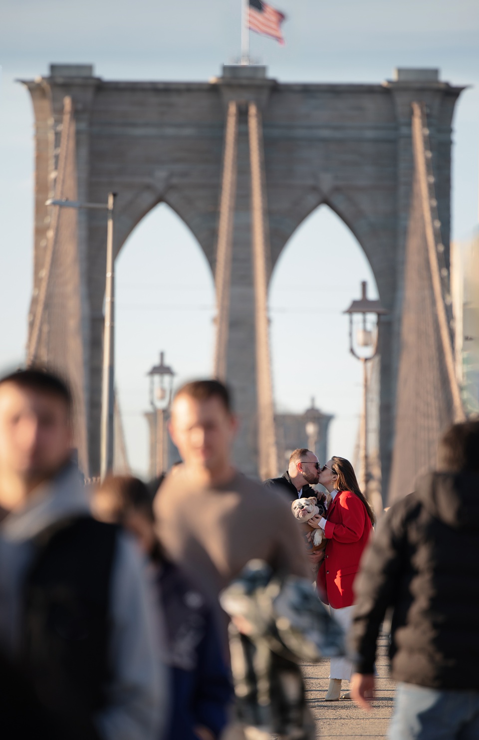 nyc,couple,red blazer,english bulldog,brooklyn bridge