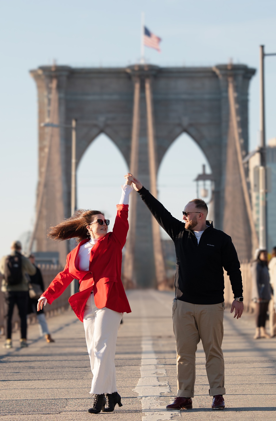 dancers,new york city,red blazer,laduca,brooklyn bridge