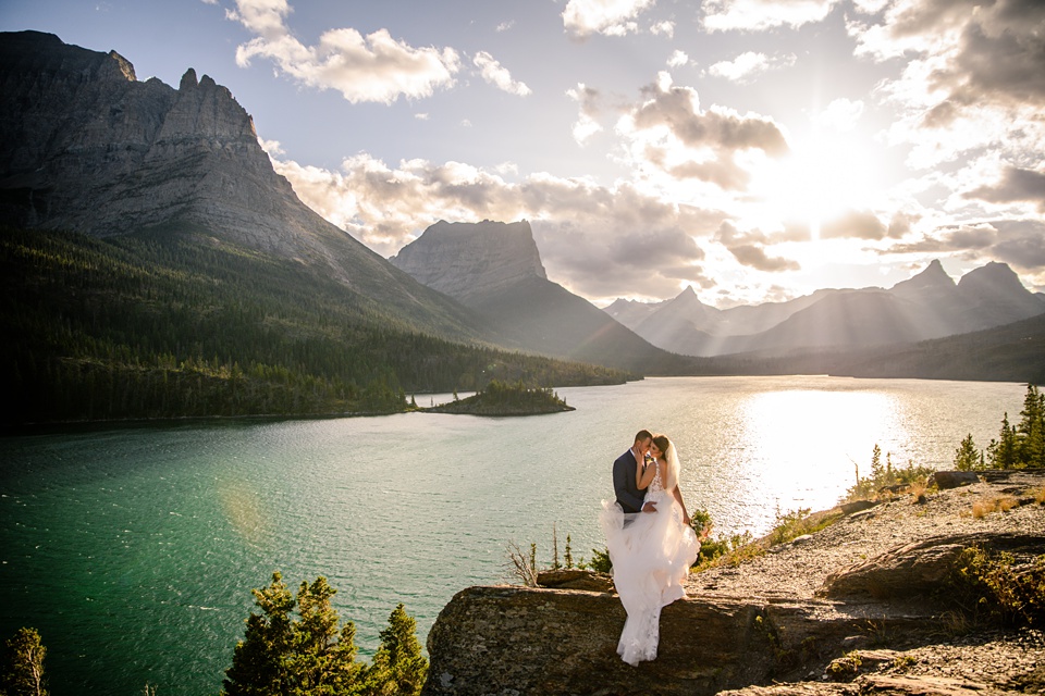 Perfect Lakeside elopement at Rising Sun along St. Mary Lakeshore in Glacier National Park surrounded by friends and family.,Mountain Wedding,Adventure Elopement