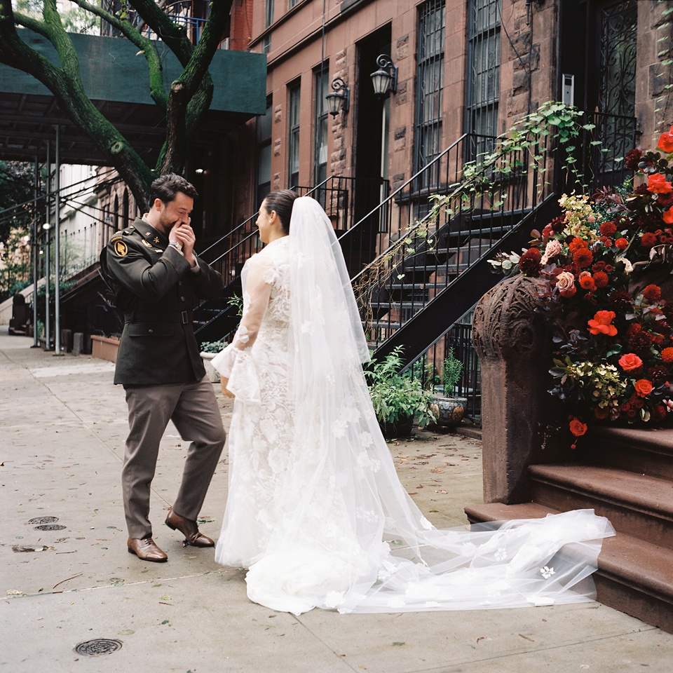 nyc stoop wedding,New York City Stoop Adorned with Romantic Spring Florals