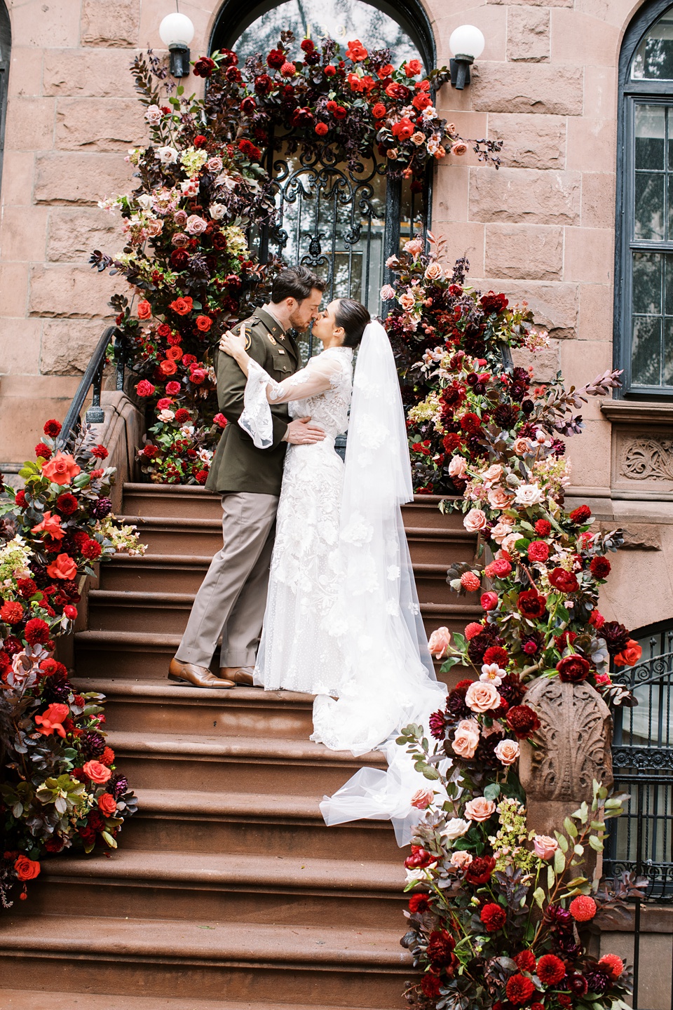 Bride and Groom on New York City Stoop,nyc film wedding photographer
