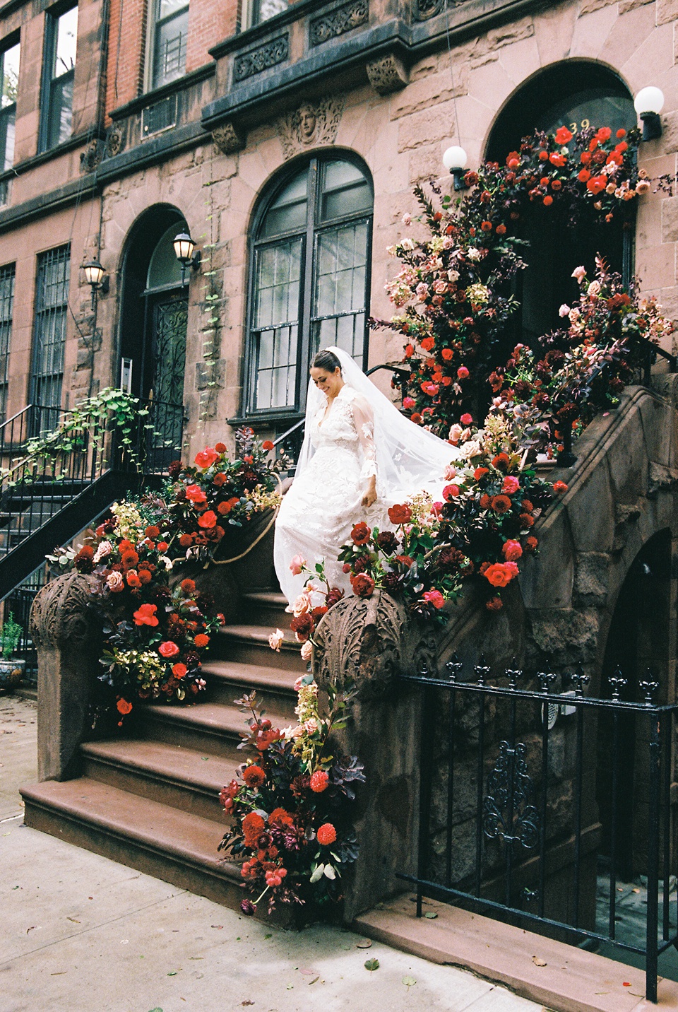 Reception at Monkey Bar with Vintage New York Vibes,New York City Stoop Adorned with Romantic Spring Florals