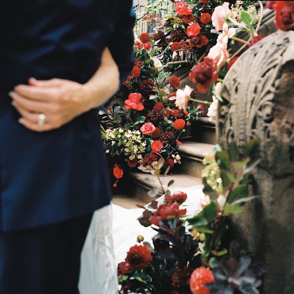 New York City Stoop Adorned with Romantic Spring Florals,Reception at Monkey Bar with Vintage New York Vibes