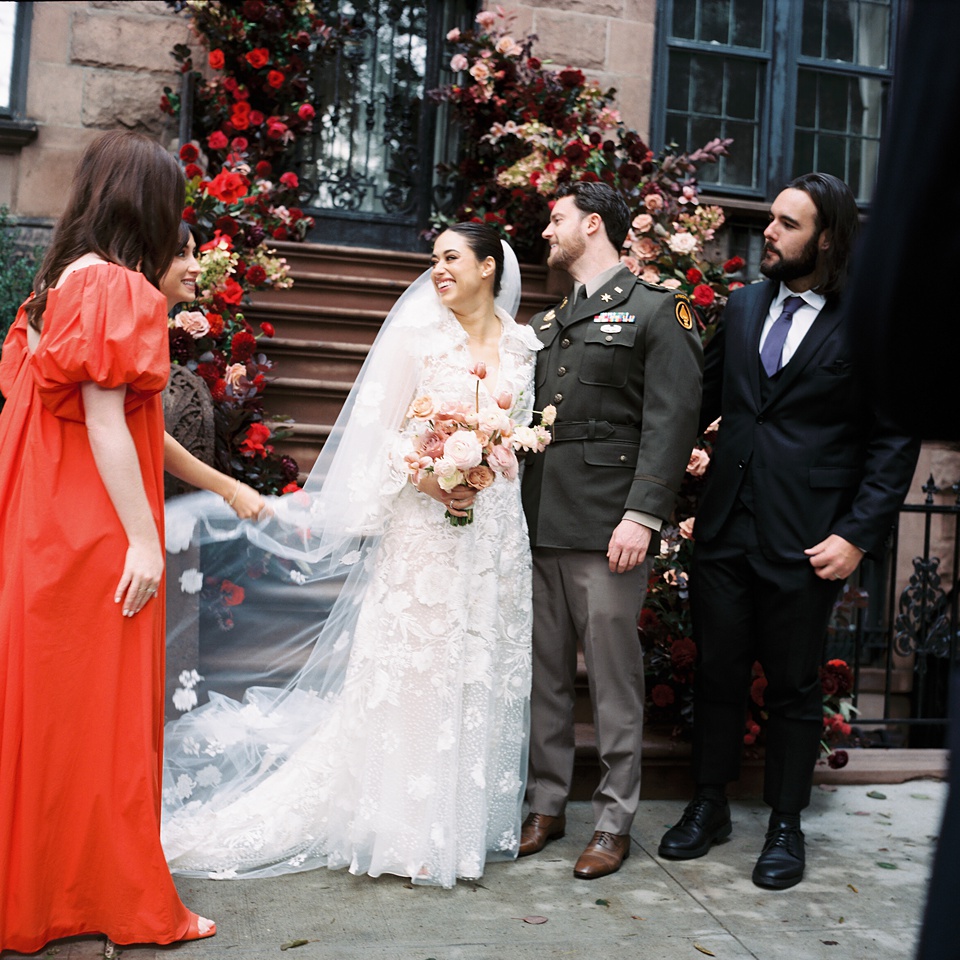 Reception at Monkey Bar with Vintage New York Vibes,New York City Stoop Adorned with Romantic Spring Florals
