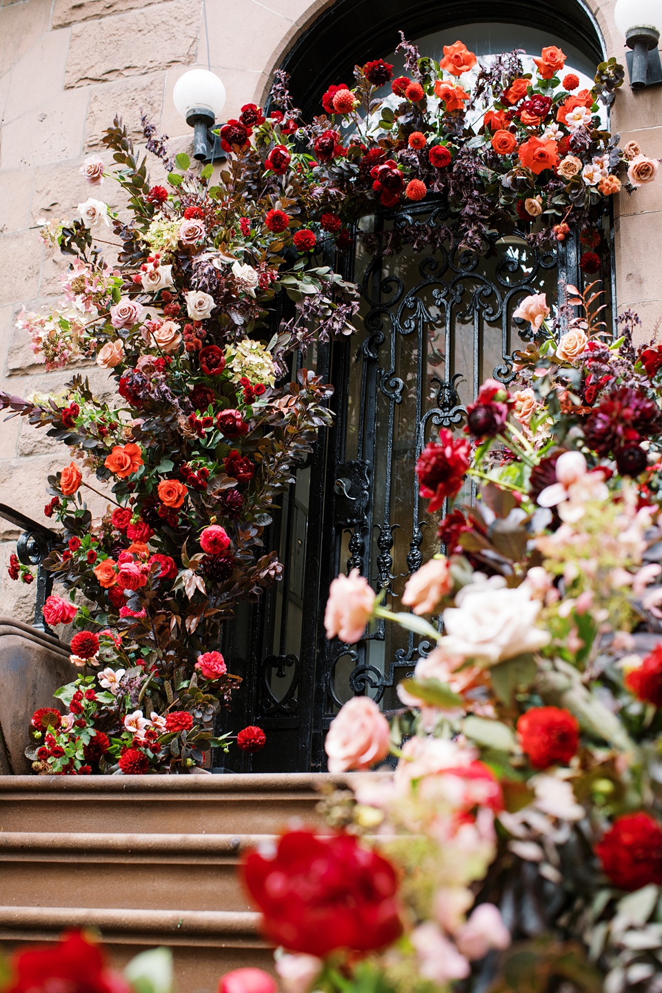 Bride and Groom on New York City Stoop,New York City Stoop Adorned with Romantic Spring Florals