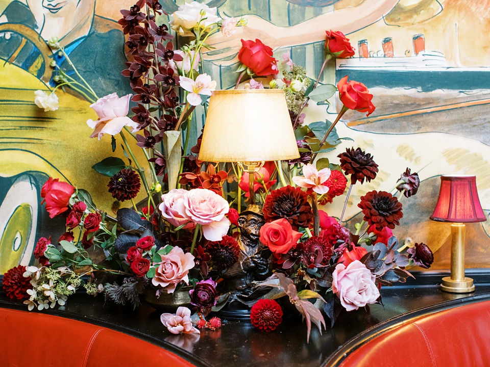 Reception at Monkey Bar with Vintage New York Vibes,New York City Stoop Adorned with Romantic Spring Florals