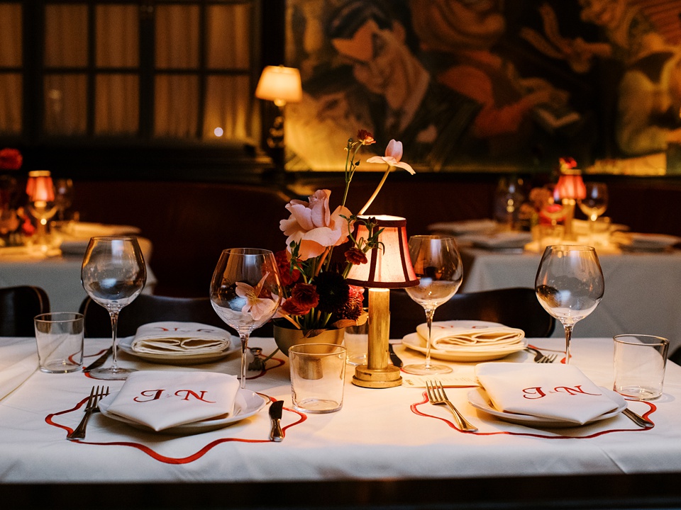 New York City Stoop Adorned with Romantic Spring Florals,Reception at Monkey Bar with Vintage New York Vibes