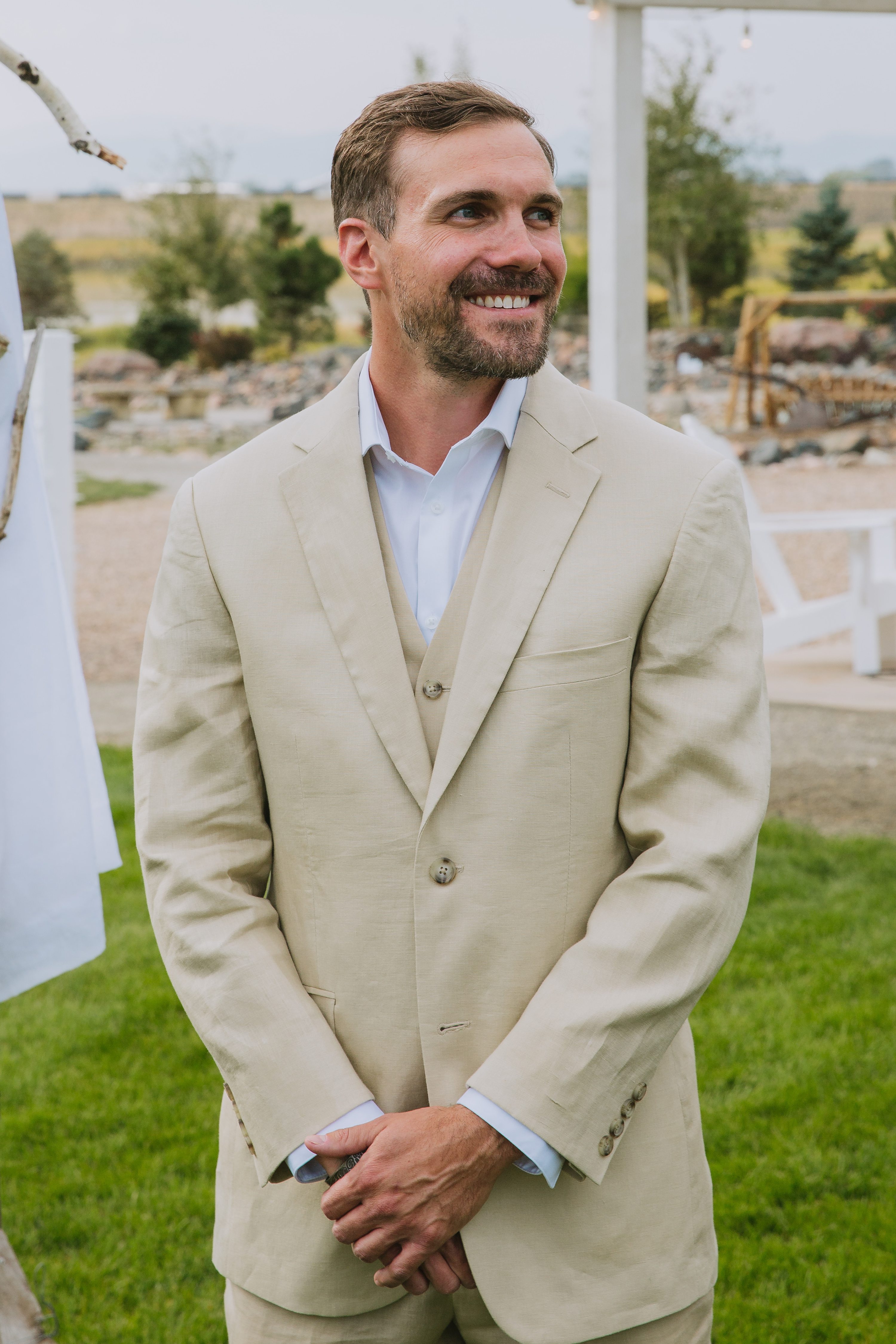 johnstown,groom,tan suit,suit no tie